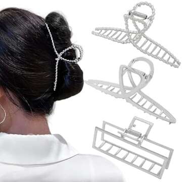 3pcs Hair Claw clips for Women, Metal Silver Large Hair clips for Thick Thin Hair, Geometric Cross S...