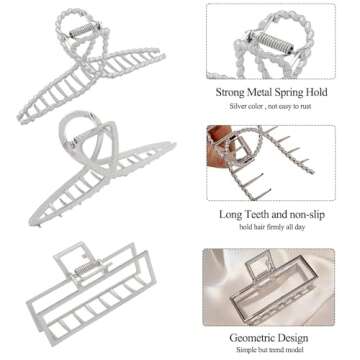 3pcs Hair Claw clips for Women, Metal Silver Large Hair clips for Thick Thin Hair, Geometric Cross Square Jumbo Catch Barrette Clamps, Fashion Hair Accessories Nonslip Hairgrip