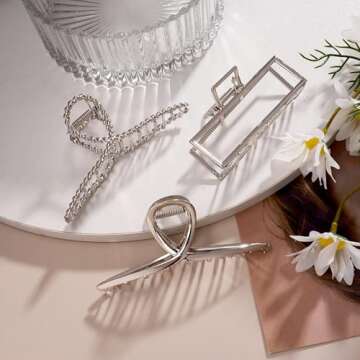3pcs Hair Claw clips for Women, Metal Silver Large Hair clips for Thick Thin Hair, Geometric Cross Square Jumbo Catch Barrette Clamps, Fashion Hair Accessories Nonslip Hairgrip