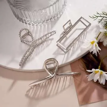 3pcs Hair Claw clips for Women, Metal Silver Large Hair clips for Thick Thin Hair, Geometric Cross Square Jumbo Catch Barrette Clamps, Fashion Hair Accessories Nonslip Hairgrip