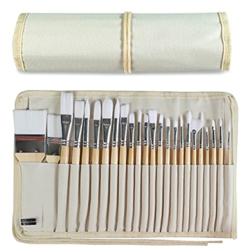 24-Piece Professional Artist Paint Brush Set with Canvas Case for Oil, Acrylic, and Watercolor Paint...