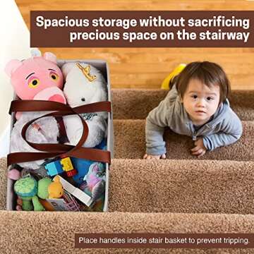 SAM AND MABEL Stair Baskets for Carpeted and Wooden Stairs – 16”L x 10”W x 16”H Foldable Staircase Basket with Handles, Stairstep Storage Organizer for Home and Office Decor (Naturel Beige)