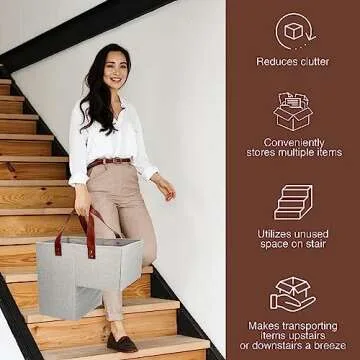 SAM AND MABEL Stair Baskets for Carpeted and Wooden Stairs – 16”L x 10”W x 16”H Foldable Staircase Basket with Handles, Stairstep Storage Organizer for Home and Office Decor (Naturel Beige)