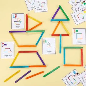 Noveread 252 Pcs Wooden Sticks Shapes Activity Game Basic Shapes Cards Kit Include 15 Shape Learning Flash Cards 120 Multi Purpose Wooden Sticks 117 White Hook and Loop Strips Educational Learning Toy