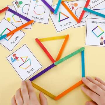 Noveread 252 Pcs Wooden Sticks Shapes Activity Game Basic Shapes Cards Kit Include 15 Shape Learning Flash Cards 120 Multi Purpose Wooden Sticks 117 White Hook and Loop Strips Educational Learning Toy