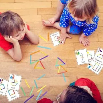 Noveread 252 Pcs Wooden Sticks Shapes Activity Game Basic Shapes Cards Kit Include 15 Shape Learning Flash Cards 120 Multi Purpose Wooden Sticks 117 White Hook and Loop Strips Educational Learning Toy