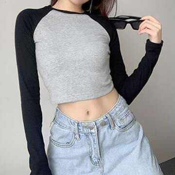 Girls Womens Graphic Print Crop Top Patchwork Long Sleeve Crewneck Y2K Fashion E-Girl Streetwear T-S...