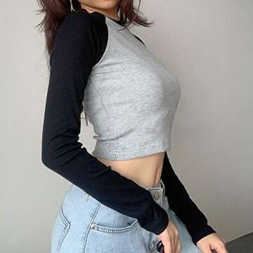 Girls Womens Graphic Print Crop Top Patchwork Long Sleeve Crewneck Y2K Fashion E-Girl Streetwear T-Shirts (Black gray,S)