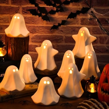 Domensi 9 Pcs Halloween Ceramic Ghost Figurines with LED Lights, Large 5.12" White Spooky Ghost Scul...