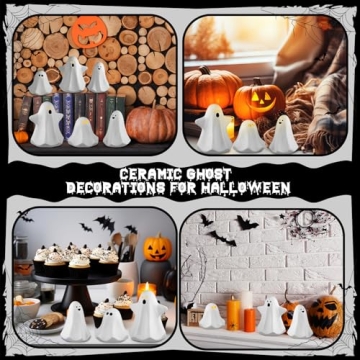 Domensi 9 Pcs Halloween Ceramic Ghost Figurines with LED Lights, Large 5.12" White Spooky Ghost Sculpture Statue Cute Halloween Miniatures for Gifts Centerpiece Table Mantel Collections Decorations