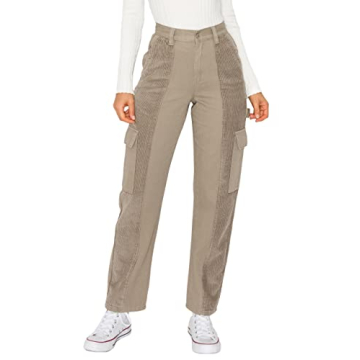 Cali1850 Women’s Corduroy Skate Cargo Pants – High Waisted Contrast Twill Fabric Casual Multi Po...
