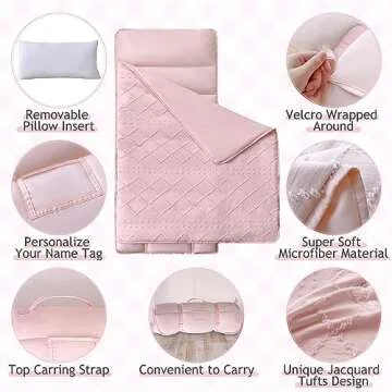 Tufted Toddler Nap Mats for Preschool Daycare Girls Pink Jacquard Tufts Kids Sleeping Mats Toddler Slumber Bag Nap Pad with Removable Pillow for Girls Boys Kindergarten Sleepovers Travel and Camping