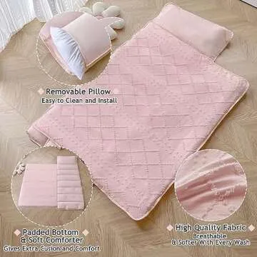 Tufted Toddler Nap Mats for Preschool Daycare Girls Pink Jacquard Tufts Kids Sleeping Mats Toddler Slumber Bag Nap Pad with Removable Pillow for Girls Boys Kindergarten Sleepovers Travel and Camping