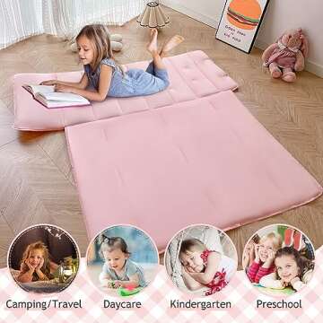 Tufted Toddler Nap Mats for Preschool Daycare Girls Pink Jacquard Tufts Kids Sleeping Mats Toddler Slumber Bag Nap Pad with Removable Pillow for Girls Boys Kindergarten Sleepovers Travel and Camping
