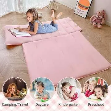 Tufted Toddler Nap Mats for Preschool Daycare Girls Pink Jacquard Tufts Kids Sleeping Mats Toddler Slumber Bag Nap Pad with Removable Pillow for Girls Boys Kindergarten Sleepovers Travel and Camping