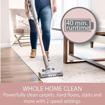 Kenmore DS4090 Brushless Cordless Stick 1L Capacity Lightweight Cleaner 2-Speed Power Suction LED Headlight 2-in-1 Handheld Vacuum for Hardwood Floor, Carpet & Pet Hair, Rose Gold