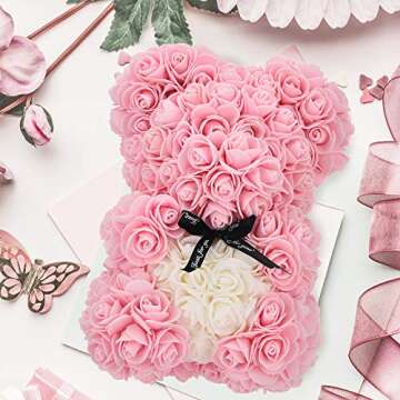 Handmade rose Teddy Bear Flowers Gifts for Women Mom, Birthday Gifts for Mom,Valentines Day Teddy Bear Gifts for Wife Her, Anniversary Flowers Bear Gifts for Women Girlfriend (Light Pink, 10 inch)