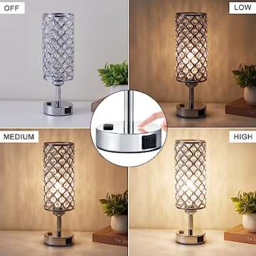 Crystal Lamp Touch Control Set of 2, Sliver Crystal Table Lamps with USB C+A Ports & AC Outlet, 3-Wa...