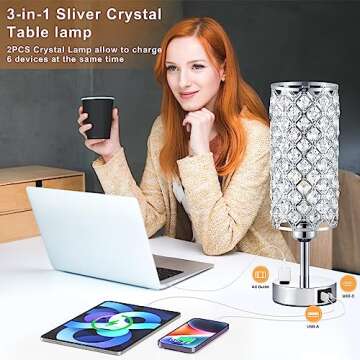 Crystal Lamp Touch Control Set of 2, Sliver Crystal Table Lamps with USB C+A Ports & AC Outlet, 3-Way Dimmable Nightstand Touch Lamp, Modern Bedside Table Lamp for Bedroom(Bulbs Included)