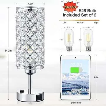 Crystal Lamp Touch Control Set of 2, Sliver Crystal Table Lamps with USB C+A Ports & AC Outlet, 3-Way Dimmable Nightstand Touch Lamp, Modern Bedside Table Lamp for Bedroom(Bulbs Included)