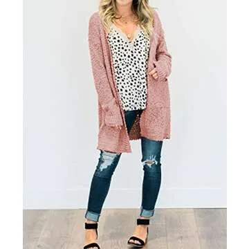 ZESICA Women's Fall Casual Long Sleeve Open Front Soft Chunky Knit Sweater Cardigan Outerwear,Pink,Large