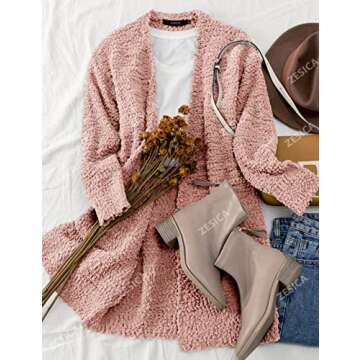 ZESICA Women's Fall Casual Long Sleeve Open Front Soft Chunky Knit Sweater Cardigan Outerwear,Pink,Large