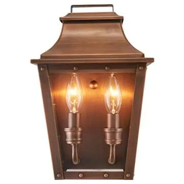 Acclaim Lighting 8423CP | Vintage Solid Copper Two Light Dimmable Wall Mounted Outdoor Wet Rated Lantern with Clear Glass | Hand Crafted Classic Colonial America Design (Copper Patina - Style Five)