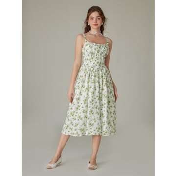 Scarlet Darkness Floral Printed Corset Dress Women Ruched Bust Flowy Spring Cami Dresses Green XXL