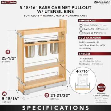 Rev-A-Shelf 5" Pull Out Storage Organizer for Base Kitchen Cabinets w/Soft-Close, Sliding Shelves for Utilities, Utensils or Spices, 448UT-BCSC-5C