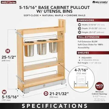 Rev-A-Shelf 5" Pull Out Storage Organizer for Base Kitchen Cabinets w/Soft-Close, Sliding Shelves for Utilities, Utensils or Spices, 448UT-BCSC-5C