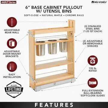 Rev-A-Shelf 5" Pull Out Storage Organizer for Base Kitchen Cabinets w/Soft-Close, Sliding Shelves for Utilities, Utensils or Spices, 448UT-BCSC-5C