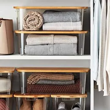 HERITAGE LIVING Storage Bin with Bamboo Lid, Decorative Stackable Basket Table Bookcase Kitchen Office Organizing, Multipurpose Basket Organizer Bin (2PC SMALL, LT GRAY)