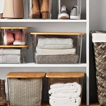 HERITAGE LIVING Storage Bin with Bamboo Lid, Decorative Stackable Basket Table Bookcase Kitchen Office Organizing, Multipurpose Basket Organizer Bin (2PC SMALL, LT GRAY)