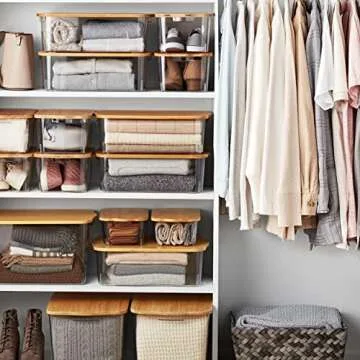 HERITAGE LIVING Storage Bin with Bamboo Lid, Decorative Stackable Basket Table Bookcase Kitchen Office Organizing, Multipurpose Basket Organizer Bin (2PC SMALL, LT GRAY)