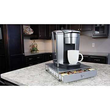 Nifty Coffee Pod Drawer – Silver, Compatible with K-Cups, 36 Pod Pack Holder, Compact Under Coffee Pot Storage Drawer, Slim Home Kitchen Counter Organizer