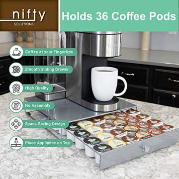 Nifty Coffee Pod Drawer – Silver, Compatible with K-Cups, 36 Pod Pack Holder, Compact Under Coffee Pot Storage Drawer, Slim Home Kitchen Counter Organizer