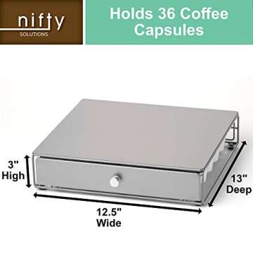 Nifty Coffee Pod Drawer – Silver, Compatible with K-Cups, 36 Pod Pack Holder, Compact Under Coffee Pot Storage Drawer, Slim Home Kitchen Counter Organizer