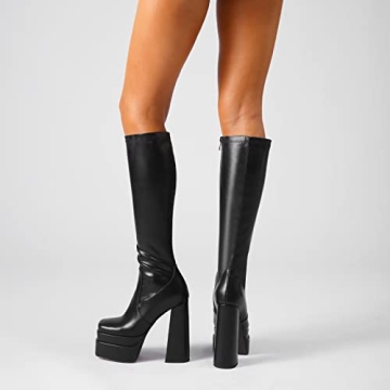 WETKISS Knee High Platform Boots for Women in Black
