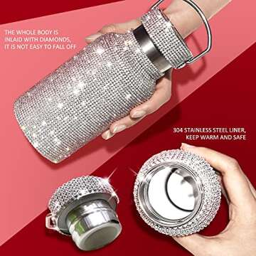 Diamond Water Bottle,Bling Diamond Vacuum Flask Sparkling Glitter Thermos Bottles for Women Refillable High-end Insulated Bottle Stainless Steel with Lid Silver(Pink, 750)