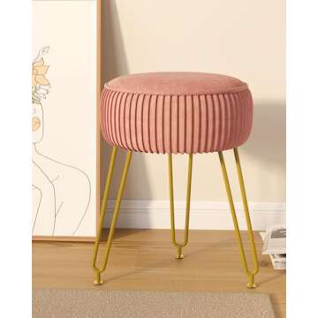 IBUYKE Velvet Round Footrest Stool Ottoman, Makeup Vanity Stool Side Table, Velvet Dressing Table Seat, Pouf Couch Stool, Golden Steel Legs, Pink LG-30P
