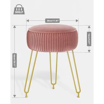 IBUYKE Velvet Round Footrest Stool Ottoman, Makeup Vanity Stool Side Table, Velvet Dressing Table Seat, Pouf Couch Stool, Golden Steel Legs, Pink LG-30P