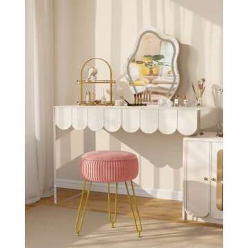 IBUYKE Velvet Round Footrest Stool Ottoman, Makeup Vanity Stool Side Table, Velvet Dressing Table Seat, Pouf Couch Stool, Golden Steel Legs, Pink LG-30P