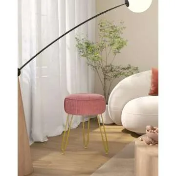 IBUYKE Velvet Round Footrest Stool Ottoman, Makeup Vanity Stool Side Table, Velvet Dressing Table Seat, Pouf Couch Stool, Golden Steel Legs, Pink LG-30P