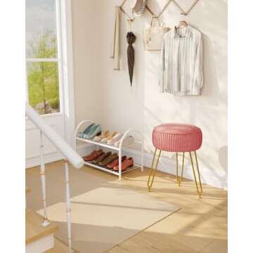 IBUYKE Velvet Round Footrest Stool Ottoman, Makeup Vanity Stool Side Table, Velvet Dressing Table Seat, Pouf Couch Stool, Golden Steel Legs, Pink LG-30P