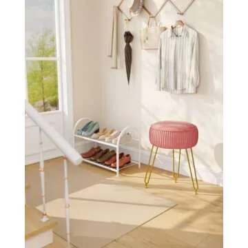 IBUYKE Velvet Round Footrest Stool Ottoman, Makeup Vanity Stool Side Table, Velvet Dressing Table Seat, Pouf Couch Stool, Golden Steel Legs, Pink LG-30P