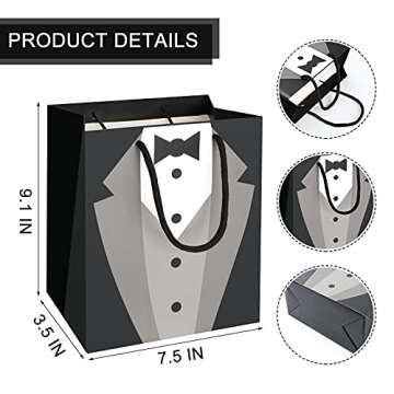 12PCS Groomsmen Gift Bags, PartyBloom 9"x7.5"x3.5" Party Favor Bags Black Kith Tie Shirt Patterraft Paper Bags wn for Wedding Birthday Party Groomsmen Tuxedo Anniversary Shopping Gift Bags