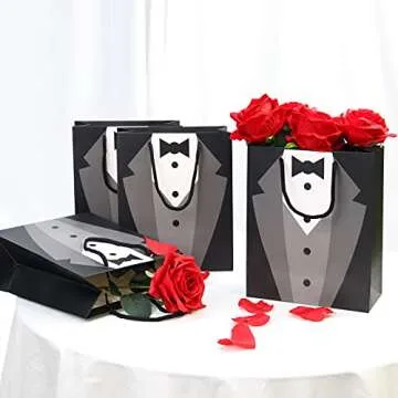 12PCS Groomsmen Gift Bags, PartyBloom 9"x7.5"x3.5" Party Favor Bags Black Kith Tie Shirt Patterraft Paper Bags wn for Wedding Birthday Party Groomsmen Tuxedo Anniversary Shopping Gift Bags