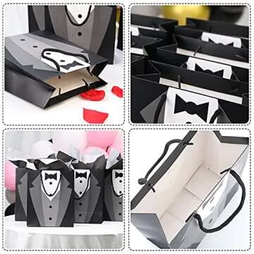 12PCS Groomsmen Gift Bags, PartyBloom 9"x7.5"x3.5" Party Favor Bags Black Kith Tie Shirt Patterraft Paper Bags wn for Wedding Birthday Party Groomsmen Tuxedo Anniversary Shopping Gift Bags