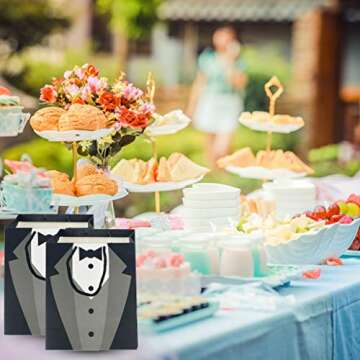 12PCS Groomsmen Gift Bags, PartyBloom 9"x7.5"x3.5" Party Favor Bags Black Kith Tie Shirt Patterraft Paper Bags wn for Wedding Birthday Party Groomsmen Tuxedo Anniversary Shopping Gift Bags