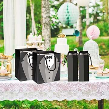 12PCS Groomsmen Gift Bags, PartyBloom 9"x7.5"x3.5" Party Favor Bags Black Kith Tie Shirt Patterraft Paper Bags wn for Wedding Birthday Party Groomsmen Tuxedo Anniversary Shopping Gift Bags